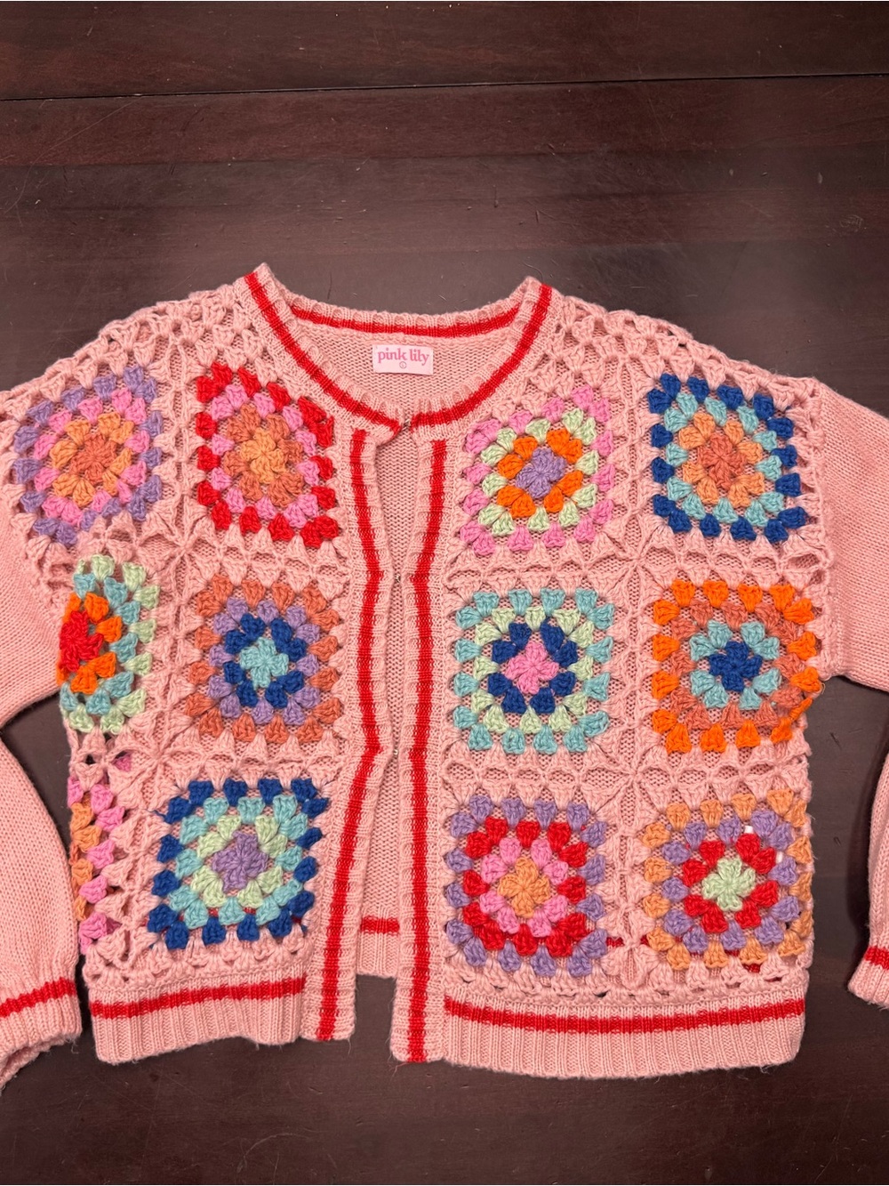 Pink Lily Pastel Pink Crochet Patchwork Cardigan - Picture 4 of 17